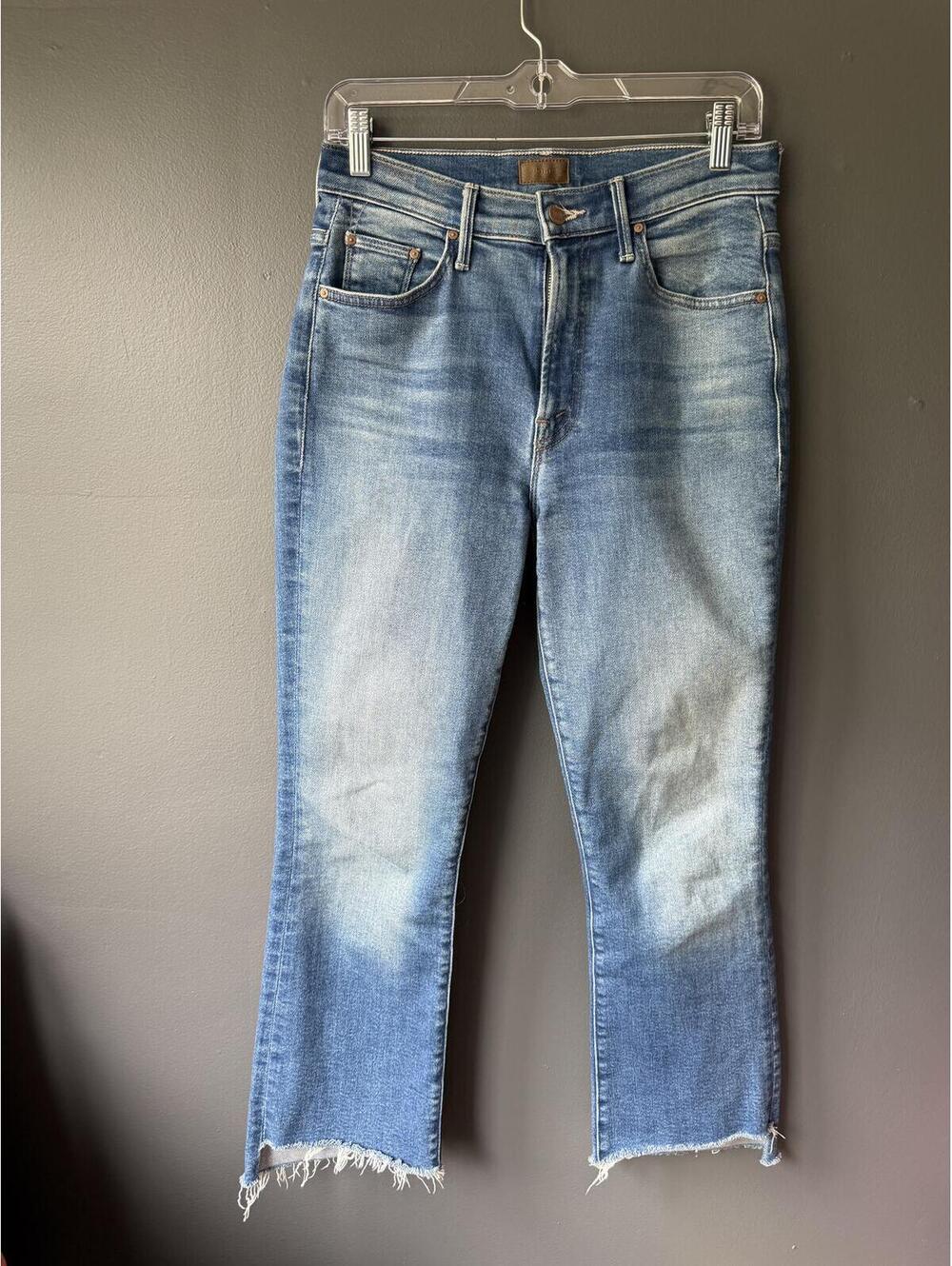 Mother Light Wash Denim Jeans with Frayed Hem